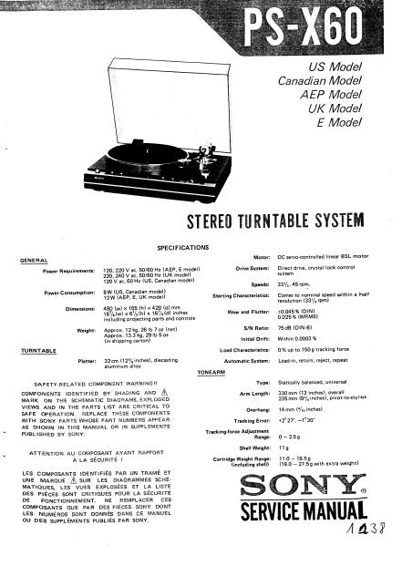 SONY PS-X60 STEREO TURNTABLE SYSTEM SERVICE MANUAL INC BLK DIAG PCBS SCHEM DIAG AND PARTS LIST 19 PAGES ENG