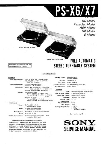 SONY PS-X6 PS-X7 FULL AUTOMATIC STEREO TURNTABLE SYSTEM SERVICE MANUAL INC BLK DIAG PCBS SCHEM DIAGS AND PARTS LIST 39 PAGES ENG