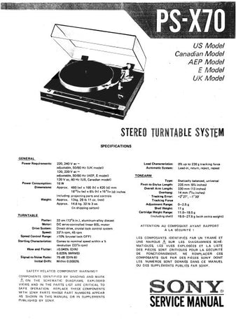 SONY PS-X70 STEREO TURNTABLE SYSTEM SERVICE MANUAL INC BLK DIAG PCBS SCHEM DIAG AND PARTS LIST 55 PAGES ENG JAP