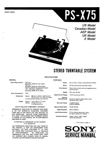 SONY PS-X75 STEREO TURNTABLE SYSTEM SERVICE MANUAL INC BLK DIAG PCBS SCHEM DIAGS AND PARTS LIST 37 PAGES ENG