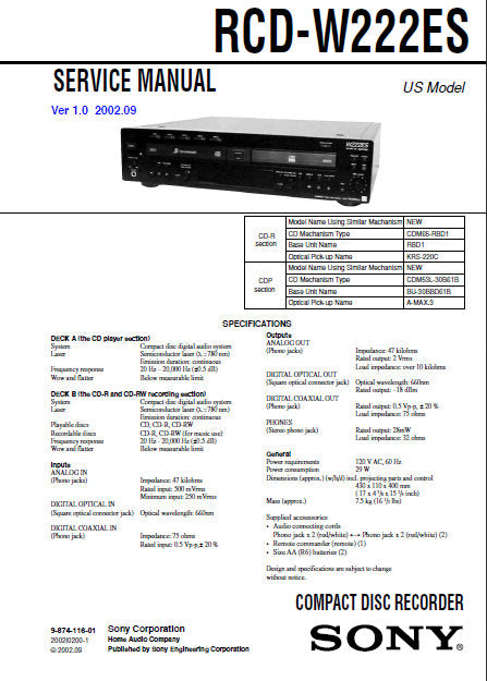 SONY RCD-W222ES CD RECORDER SERVICE MANUAL INC BLK DIAGS PCBS SCHEM DIAGS AND PARTS LIST 106 PAGES ENG