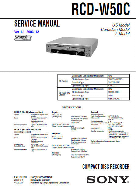 SONY RCD-W50C CD RECORDER SERVICE MANUAL INC BLK DIAGS PCBS SCHEM DIAGS AND PARTS LIST 110 PAGES ENG
