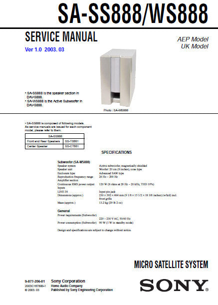 SONY SA-SS888 SA-WS888 MICRO SATELLITE SYSTEM SERVICE MANUAL INC PCBS SCHEM DIAG AND PARTS LIST 14 PAGES ENG