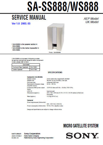 SONY SA-SS888 SA-WS888 MICRO SATELLITE SYSTEM SERVICE MANUAL INC PCBS SCHEM DIAG AND PARTS LIST 14 PAGES ENG