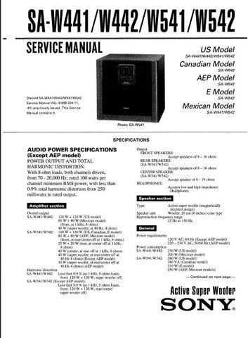 SONY SA-W441 SA-W442 SA-W541 SA-W542 ACTIVE SUPER WOOFER SYSTEM SERVICE MANUAL INC PCBS SCHEM DIAG AND PARTS LIST 15 PAGES ENG