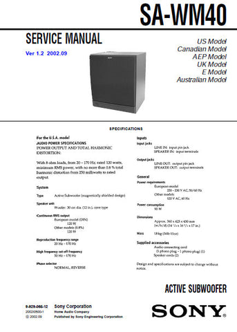 SONY SA-WM40 ACTIVE SUBWOOFER SERVICE MANUAL INC PCBS SCHEM DIAGS AND PARTS LIST 13 PAGES ENG