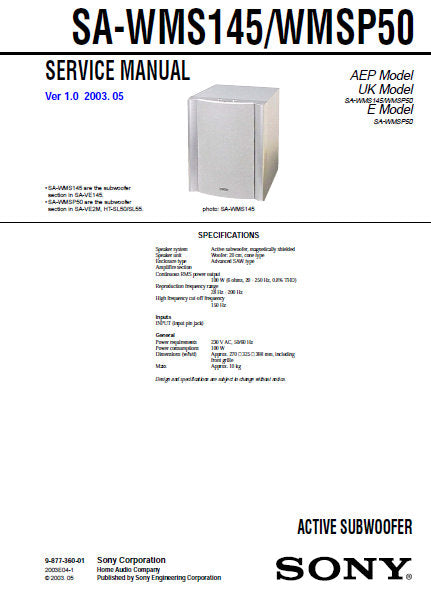 SONY SA-WMS145 SA-WMSP50 ACTIVE SUBWOOFER SERVICE MANUAL INC PCBS SCHEM DIAG AND PARTS LIST 12 PAGES ENG