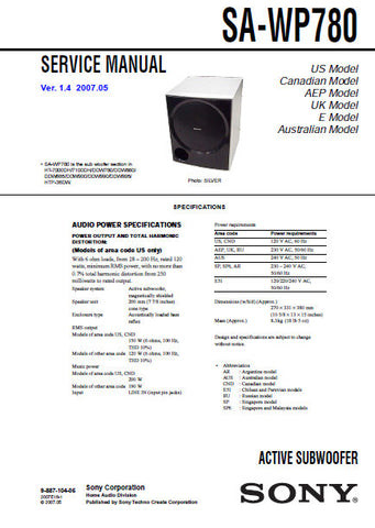 SONY SA-WP780 ACTIVE SUBWOOFER SERVICE MANUAL INC BLK DIAG PCBS SCHEM DIAG AND PARTS LIST 14 PAGES ENG