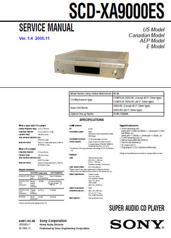 SONY SCD-XA9000ES SUPER AUDIO CD PLAYER SERVICE MANUAL INC BLK DIAG PCBS SCHEM DIAGS AND PARTS LIST 124 PAGES ENG