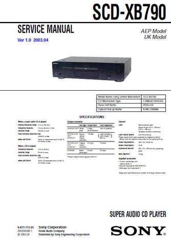 SONY SCD-XB790 SUPER AUDIO CD PLAYER SERVICE MANUAL INC BLK DIAG PCBS SCHEM DIAGS AND PARTS LIST 80 PAGES ENG