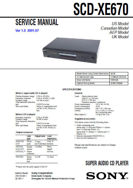 SONY SCD-XE670 SUPER AUDIO CD PLAYER SERVICE MANUAL INC BLK DIAG PCBS SCHEM DIAGS AND PARTS LIST 88 PAGES ENG