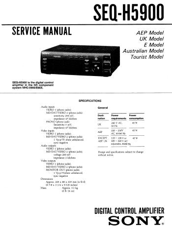 SONY SEQ-H5900 DIGITAL CONTROL AMPLIFIER SERVICE MANUAL INC BLK DIAGS PCBS SCHEM DIAG AND PARTS LIST 24 PAGES ENG