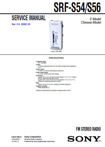 SONY SRF-S54 SRF-S56 FM STEREO RADIO SERVICE MANUAL INC BLK DIAG PCBS SCHEM DIAG AND PARTS LIST 15 PAGES ENG
