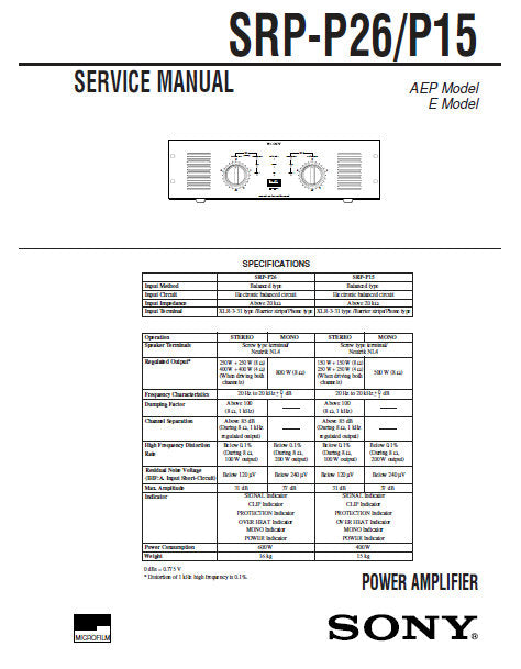 SONY SRP-P26 SRP-P15 POWER AMPLIFIER SERVICE MANUAL INC BLK DIAG PCBS SCHEM DIAGS AND PARTS LIST 22 PAGES ENG