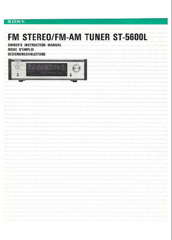SONY ST-5600L FM STEREO FM AM TUNER OWNER'S INSTRUCTION MANUAL INC BLK DIAG 12 PAGES ENG