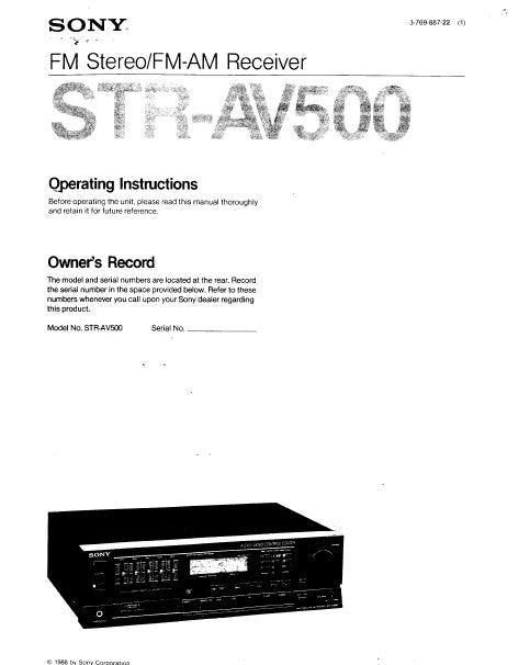 SONY STR-AV500 FM STEREO FM AM RECEIVER OPERATING INSTRUCTIONS 28 PAGES ENG