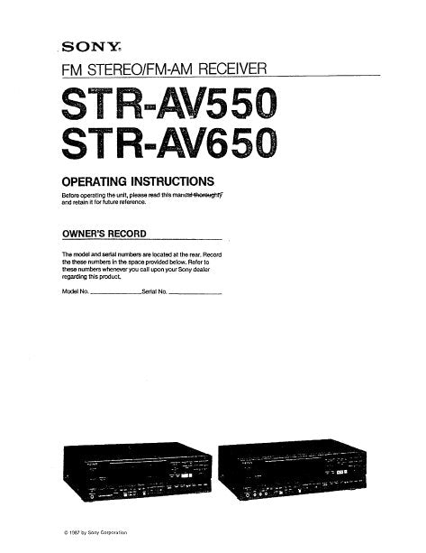 SONY STR-AV550 STR-AV650 FM STEREO FM AM TUNER OPERATING INSTRUCTIONS 36 PAGES ENG
