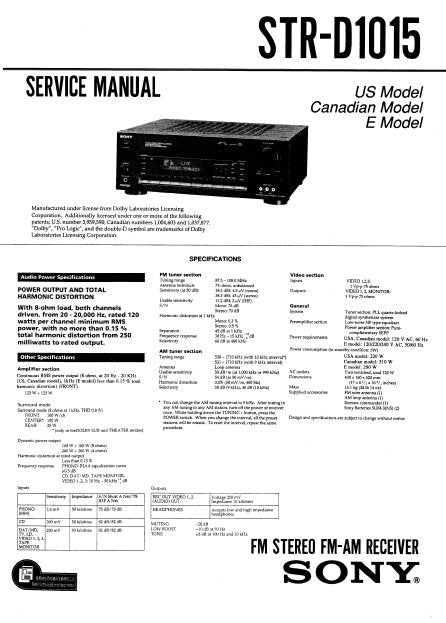 SONY STR-D1015 FM STEREO FM AM RECEIVER SERVICE MANUAL INC BLK DIAGS PCBS SCHEM DIAGS AND PARTS LIST 46 PAGES ENG