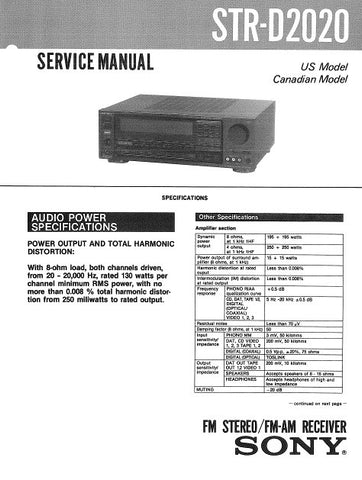 SONY STR-D2020 FM STEREO FM AM RECEIVER SERVICE MANUAL INC BLK DIAGS PCBS SCHEM DIAGS AND PARTS LIST 53 PAGES ENG