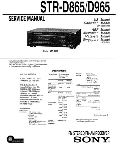 SONY STR-D865 STR-D965 FM STEREO FM AM RECEIVER SERVICE MANUAL INC BLK DIAG PCBS SCHEM DIAGS AND PARTS LIST 59 PAGES ENG