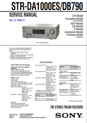 SONY STR-DA1000ES STR-DB790 FM STEREO FM AM RECEIVER SERVICE MANUAL INC BLK DIAGS PCBS SCHEM DIAGS AND PARTS LIST 120 PAGES ENG