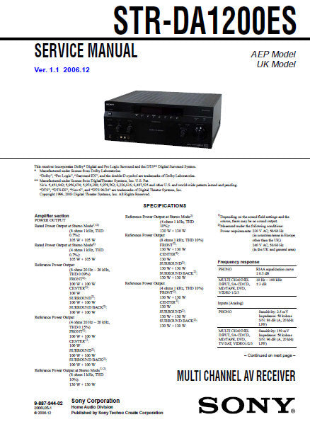 SONY STR-DA1200ES MULTI CHANNEL AV RECEIVER SERVICE MANUAL INC BLK DIAGS PCBS SCHEM DIAGS AND PARTS LIST 125 PAGES ENG