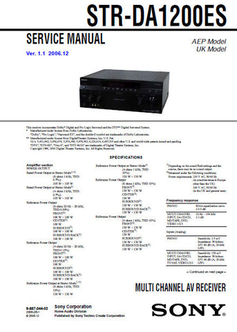 SONY STR-DA1200ES MULTI CHANNEL AV RECEIVER SERVICE MANUAL INC BLK DIAGS PCBS SCHEM DIAGS AND PARTS LIST 125 PAGES ENG
