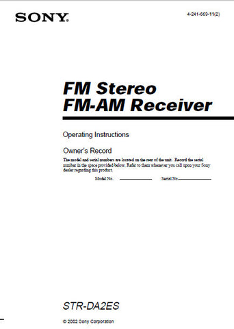 SONY STR-DA2ES FM STEREO FM AM RECEIVER OPERATING INSTRUCTIONS 72 PAGES ENG