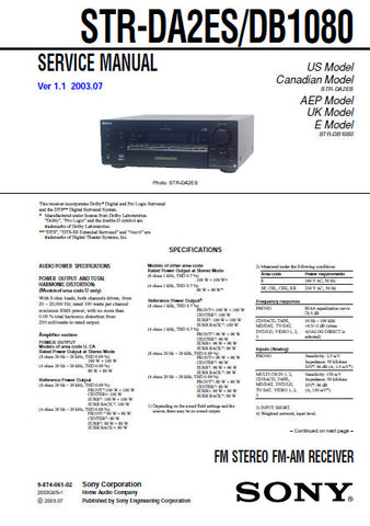 SONY STR-DA2ES STR-DB1080 FM STEREO FM AM RECEIVER SERVICE MANUAL INC BLK DIAGS PCBS SCHEM DIAGS AND PARTS LIST 110 PAGES ENG