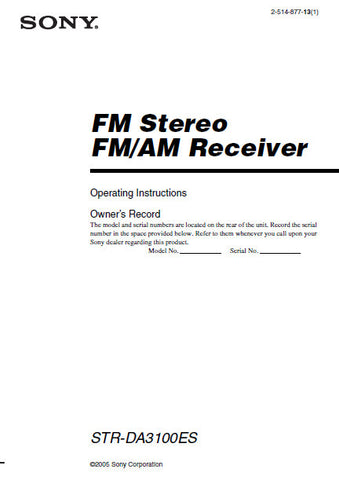 SONY STR-DA3100ES FM STEREO FM AM RECEIVER OPERATING INSTRUCTIONS 80 PAGES ENG