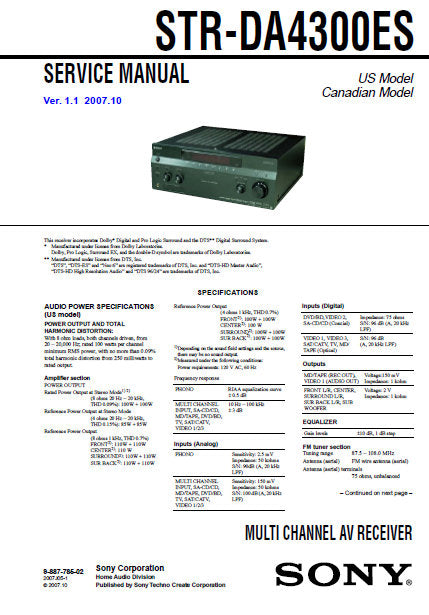 SONY STR-DA4300ES MULTI CHANNEL AV RECEIVER SERVICE MANUAL INC BLK DIAGS PCBS SCHEM DIAGS AND PARTS LIST 220 PAGES ENG