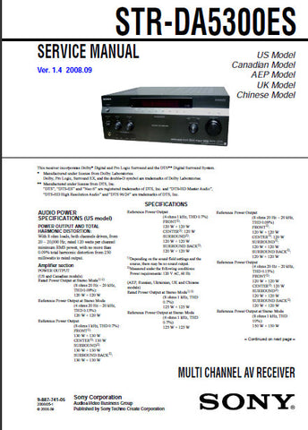 SONY STR-DA5300ES MULTI CHANNEL AV RECEIVER SERVICE MANUAL INC BLK DIAGS PCBS SCHEM DIAGS AND PARTS LIST 328 PAGES ENG
