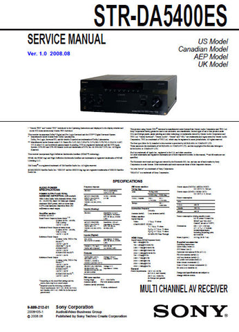 SONY STR-DA5400ES MULTI CHANNEL AV RECEIVER SERVICE MANUAL INC BLK DIAGS PCBS SCHEM DIAGS AND PARTS LIST 218 PAGES ENG