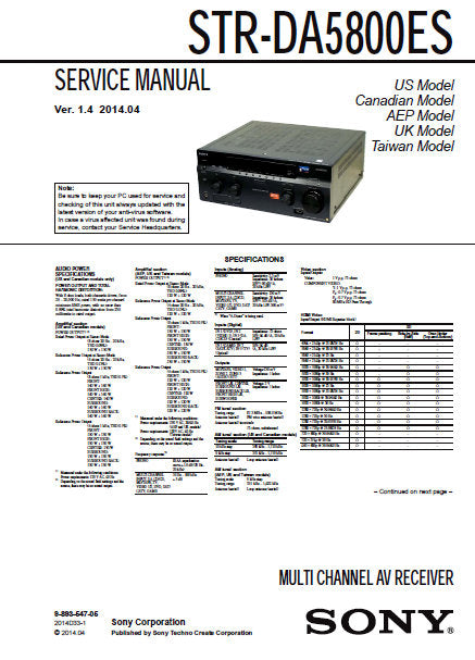 SONY STR-DA5800ES MULTI CHANNEL AV RECEIVER SERVICE MANUAL INC BLK DIAGS PCBS SCHEM DIAGS AND PARTS LIST 299 PAGES ENG