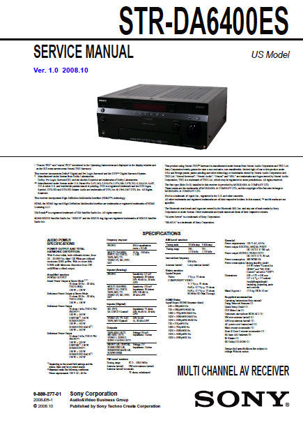SONY STR-DA6400ES MULTI CHANNEL AV RECEIVER SERVICE MANUAL INC BLK DIAGS PCBS SCHEM DIAGS AND PARTS LIST 252 PAGES ENG