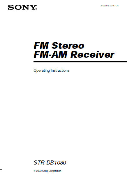 SONY STR-DB1080 FM STEREO FM AM RECEIVER OPERATING INSTRUCTIONS 72 PAGES ENG