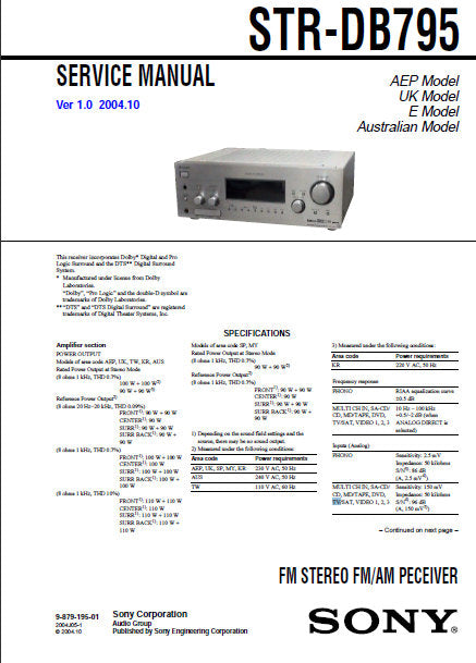 SONY STR-DB795 FM STEREO FM AM RECEIVER SERVICE MANUAL INC BLK DIAGS PCBS SCHEM DIAGS AND PARTS LIST 98 PAGES ENG