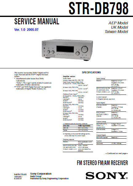 SONY STR-DB798 FM STEREO FM AM RECEIVER SERVICE MANUAL INC BLK DIAGS PCBS SCHEM DIAGS AND PARTS LIST 96 PAGES ENG