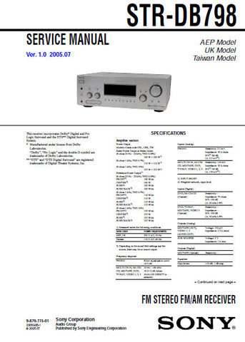 SONY STR-DB798 FM STEREO FM AM RECEIVER SERVICE MANUAL INC BLK DIAGS PCBS SCHEM DIAGS AND PARTS LIST 96 PAGES ENG