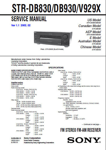 SONY STR-DB830 STR-DB930 STR-V929X FM STEREO FM AM RECEIVER SERVICE MANUAL INC BLK DIAGS PCBS SCHEM DIAGS AND PARTS LIST 64 PAGES ENG