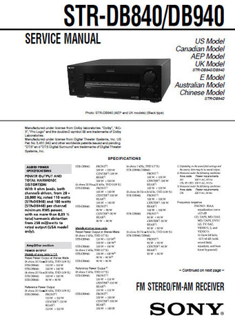 SONY STR-DB840 STR-DB940 FM STEREO FM AM RECEIVER SERVICE MANUAL INC BLK DIAGS PCBS SCHEM DIAGS AND PARTS LIST 86 PAGES ENG