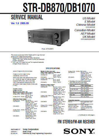 SONY STR-DB870 STR-DB1070 FM STEREO FM AM RECEIVER SERVICE MANUAL INC BLK DIAGS PCBS SCHEM DIAGS AND PARTS LIST 94 PAGES ENG