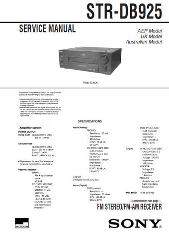 SONY STR-DB925 FM STEREO FM AM RECEIVER SERVICE MANUAL INC BLK DIAGS PCBS SCHEM DIAGS AND PARTS LIST 62 PAGES ENG