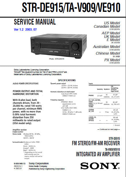 SONY STR-DE915 FM STEREO FM AM RECEIVER TA-V909 VE-910 INTEGRATED AV AMPLIFIER SERVICE MANUAL INC BLK DIAGS PCBS SCHEM DIAGS AND PARTS LIST 56 PAGES ENG