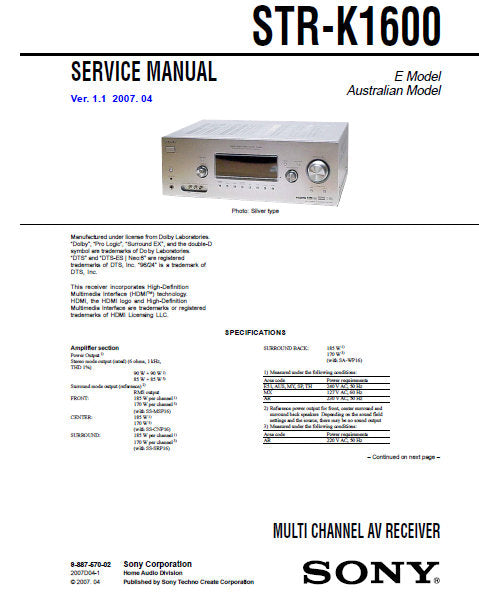 SONY STR-K1600 MULTI CHANNEL AV RECEIVER SERVICE MANUAL INC BLK DIAGS PCBS SCHEM DIAGS AND PARTS LIST 68 PAGES ENG