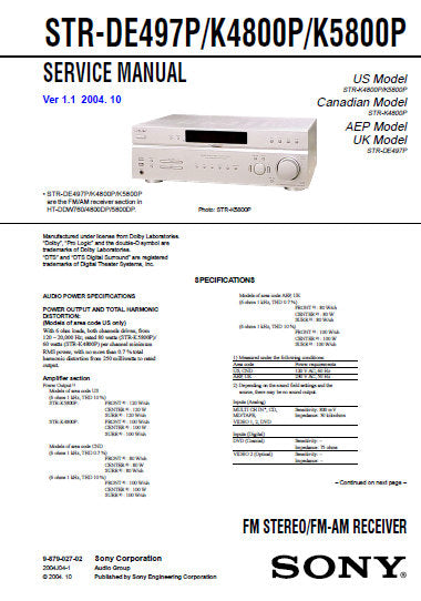 SONY STR-K4800P STR-K5800P STR-DE497 FM STEREO FM AM RECEIVER SERVICE MANUAL INC BLK DIAGS PCBS SCHEM DIAGS AND PARTS LIST 52 PAGES ENG