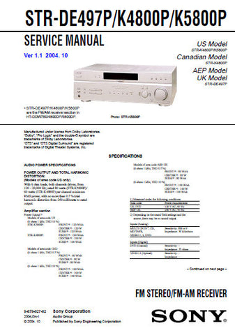 SONY STR-K4800P STR-K5800P STR-DE497 FM STEREO FM AM RECEIVER SERVICE MANUAL INC BLK DIAGS PCBS SCHEM DIAGS AND PARTS LIST 52 PAGES ENG