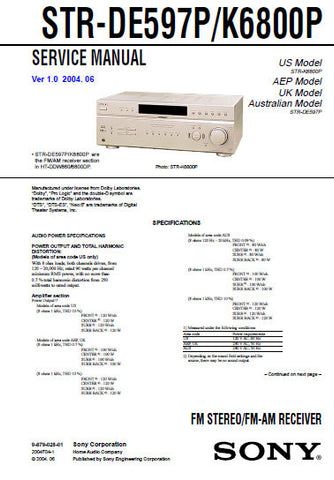 SONY STR-K6800P STR-DE597P FM STEREO FM AM RECEIVER SERVICE MANUAL INC BLK DIAGS PCBS SCHEM DIAGS AND PARTS LIST 60 PAGES ENG