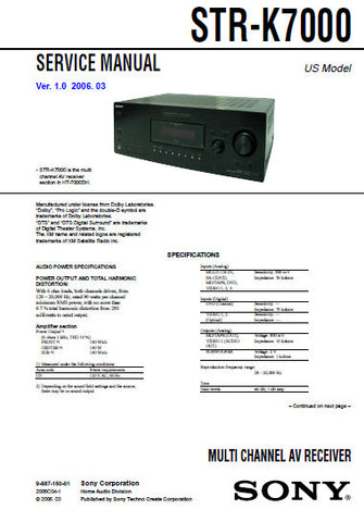 SONY STR-K7000 MULTICHANNEL AV RECEIVER SERVICE MANUAL INC BLK DIAGS PCBS SCHEM DIAGS AND PARTS LIST 72 PAGES ENG