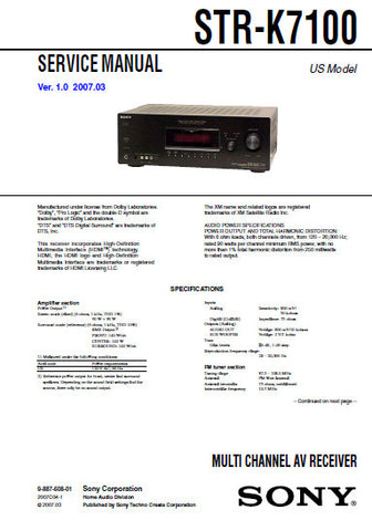 SONY STR-K7100 MULTICHANNEL AV RECEIVER SERVICE MANUAL INC BLK DIAGS PCBS SCHEM DIAGS AND PARTS LIST 74 PAGES ENG